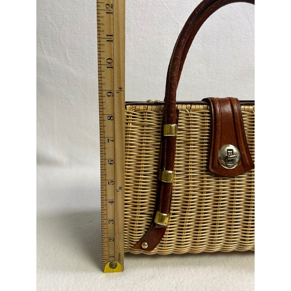 Cottagecore Vintage Women Medium Brown Wicker Leather Satchel Classic Timeless - Picture 4 of 12